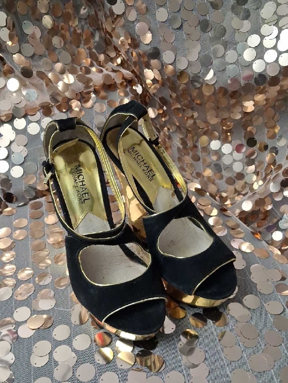 Michael Kors Black Suede and Gold Wedge Sandals - Picture 6 of 12